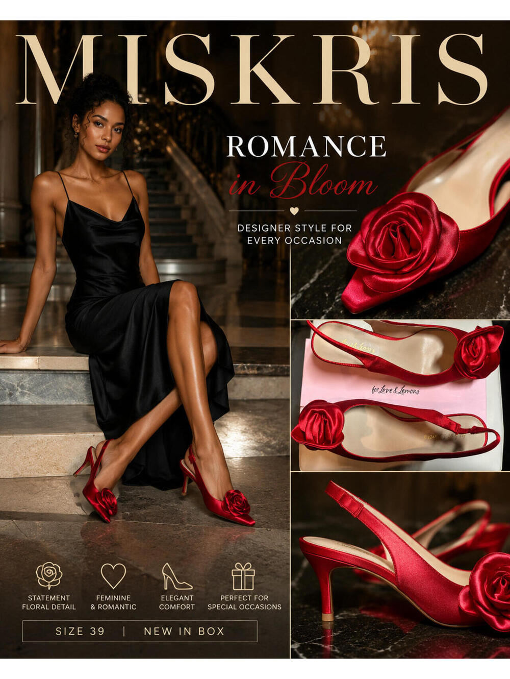 For Love & Lemons Red Satin Slingback Pumps Size 39 Rose Flower Heel Wedding Par